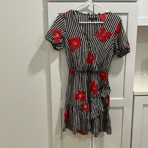 Madewell Women's Bianca Ruffle Floral Striped Faux Wrap Tiered Mini Dress